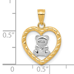 10K Gold Teddy Bear Heart Charm with Rhodium Accents Polished Finish