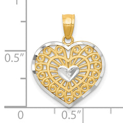 10K Gold Heart Charm with Rhodium Accents, Polished Elegant Design
