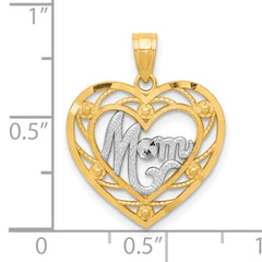 10K Yellow Gold MOM Heart Charm with Rhodium Accents, Polished Finish