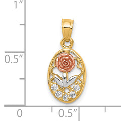 10K Two-Tone Gold Rose Charm with CZ and Rhodium Accent Polished Finish