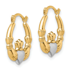10K Gold & Rhodium Claddagh Hoop Earrings with Polished Finish