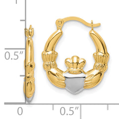 10K Gold & Rhodium Claddagh Hoop Earrings with Polished Finish