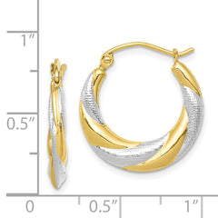10K Gold & Rhodium Twist Hollow Hoop Earrings with Polished Finish