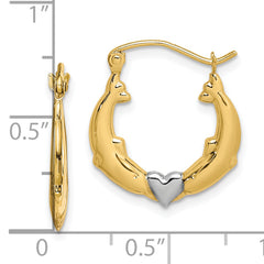 10K Gold and Rhodium Dolphin Heart Hoop Earrings with Polished Finish