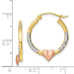 10K Two-Tone Gold Heart Hoop Earrings with Diamond-Cut Rhodium Finish