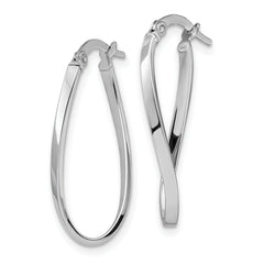 10K White Gold Polished Oval Hoop Earrings with Rhodium Finish, Twisted Design