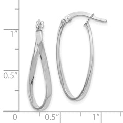 10K White Gold Polished Oval Hoop Earrings with Rhodium Finish, Twisted Design