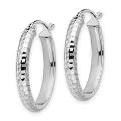 10K White Gold Textured Oval Hoop Earrings with Rhodium Finish