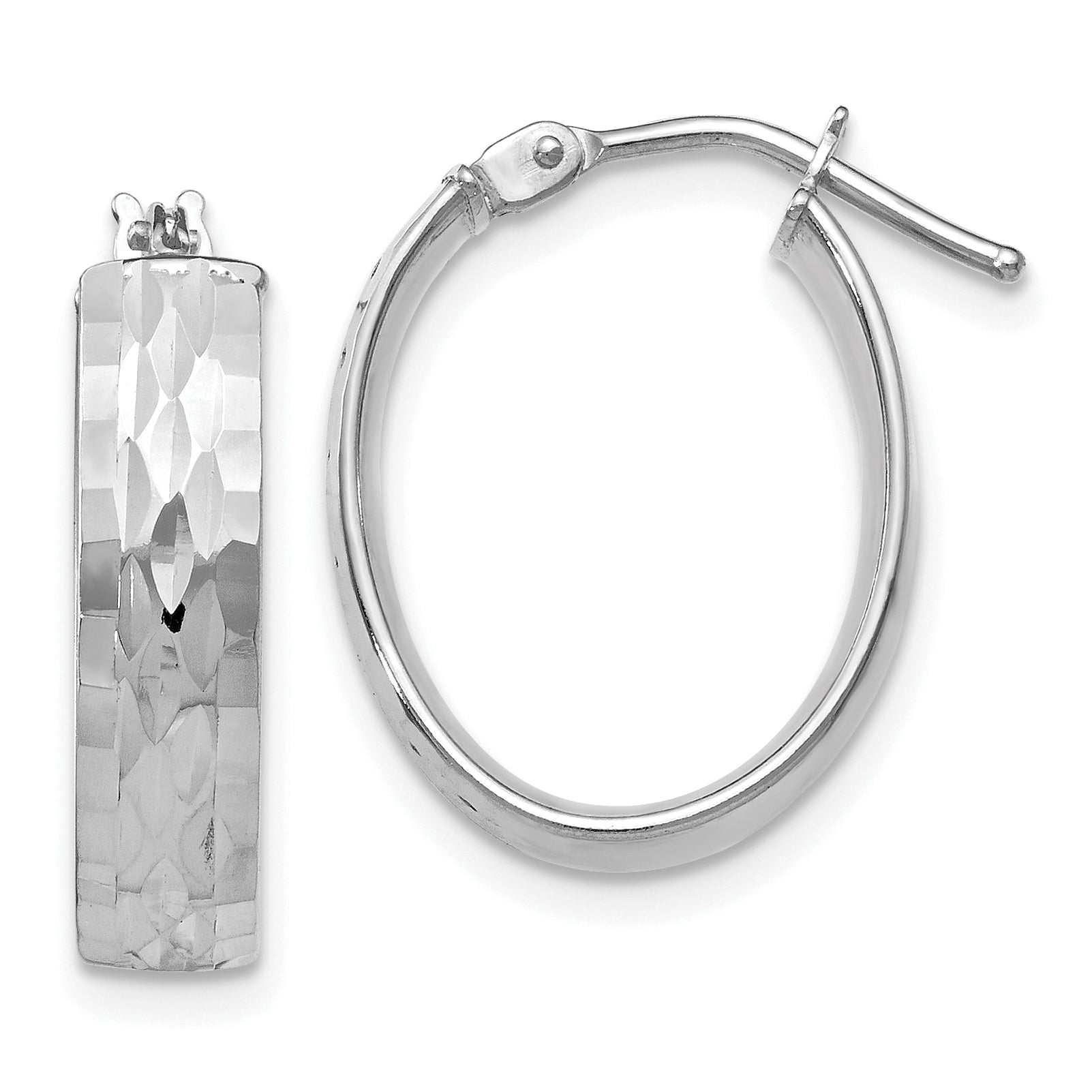 10K White Gold Polished and D/C Oval Hinged Hoop Earrings