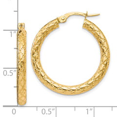 10K Gold Polished and Textured Women's Hoop Earrings with Hinged Closure