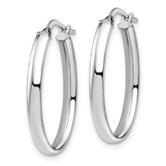 10K White Gold Oval Hoop Earrings with Polished Finish and Rhodium Plating