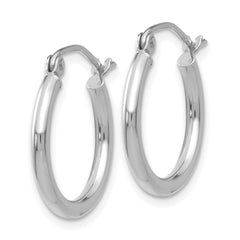 10K White Gold Hoop Earrings with Rhodium Finish, Polished 2mm Tube Design