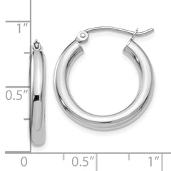10K White Gold Polished Hoop Earrings with Rhodium Finish 3mm Tube