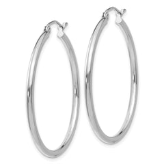 10K White Gold Polished Hoop Earrings with Rhodium Finish 2mm Tube Design