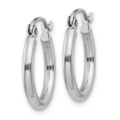 10K White Gold Polished Hoop Earrings with Rhodium Finish, 2mm Tube