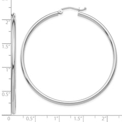 10K White Gold Polished Hoop Earrings with Rhodium Finish, 2mm Tube