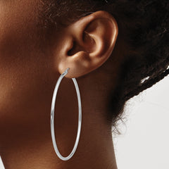 10K White Gold Polished Hoop Earrings with Rhodium Finish 2mm Tube
