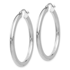10K White Gold Polished Hoop Earrings 3mm Tube Rhodium-Plated 30mm