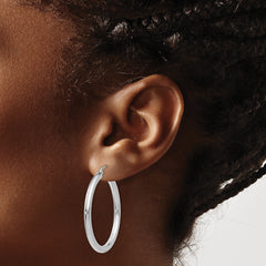 10K White Gold Polished Hoop Earrings 3mm Tube Rhodium-Plated 30mm