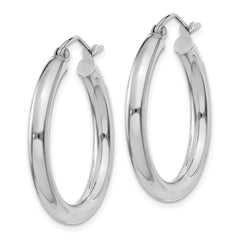 10K White Gold Polished Hoop Earrings 3mm Tube Rhodium-Plated