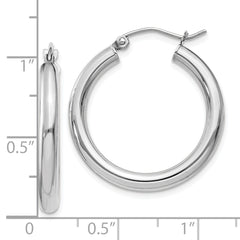 10K White Gold Polished Hoop Earrings 3mm Tube Rhodium-Plated