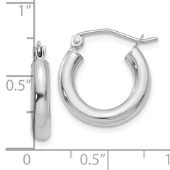10K White Gold Polished Hoop Earrings with Rhodium Finish, 3mm Tube Design
