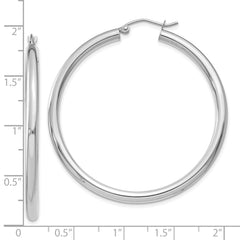 10K White Gold Polished 3mm Hoop Earrings with Rhodium Finish for Women