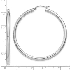 10K White Gold Polished Hoop Earrings with Rhodium Finish 3mm Tube
