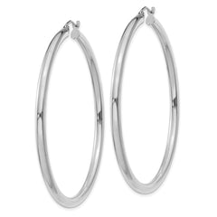 10K White Gold Hoop Earrings with Polished Finish 3mm Tube, 50mm Length