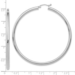 10K White Gold Polished Hoop Earrings 3mm Tube Rhodium-Plated