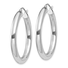 10K White Gold Polished Hoop Earrings with Rhodium Finish, 4mm Tube, 28mm Length