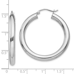 10K White Gold Polished Hoop Earrings with Rhodium Finish, 4mm Tube, 28mm Length