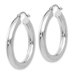 10K White Gold Polished Hoop Earrings with Rhodium Finish 4mm Tube, 20mm Length