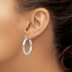 10K White Gold Polished Hoop Earrings with Rhodium Finish 4mm Tube, 20mm Length