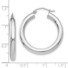 10K White Gold Polished Hoop Earrings with Rhodium Finish 4mm Tube, 20mm Length