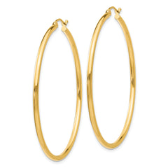 10K Gold Polished Hoop Earrings 2mm Tube Elegant 49mm Drop