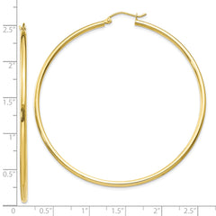 10K Gold Polished Hoop Earrings 2mm Tube Elegant 55mm Women's