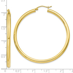 10K Gold Polished Hoop Earrings, 3mm Thick, 45mm Length