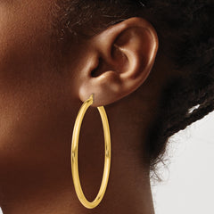 10K Gold Polished Hoop Earrings 3mm Tube with Wire Clasp Elegant 50mm