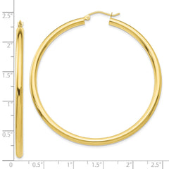 10K Gold Polished Hoop Earrings 3mm Tube with Wire Clasp Elegant 50mm