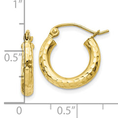 10K Gold Diamond-Cut 3mm Round Hoop Earrings for Women Polished Finish