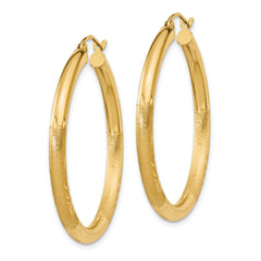 10K Yellow Gold Diamond-Cut Satin Round Hoop Earrings 3mm Stylish Design