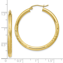 10K Yellow Gold Diamond-Cut Satin Round Hoop Earrings 3mm Stylish Design