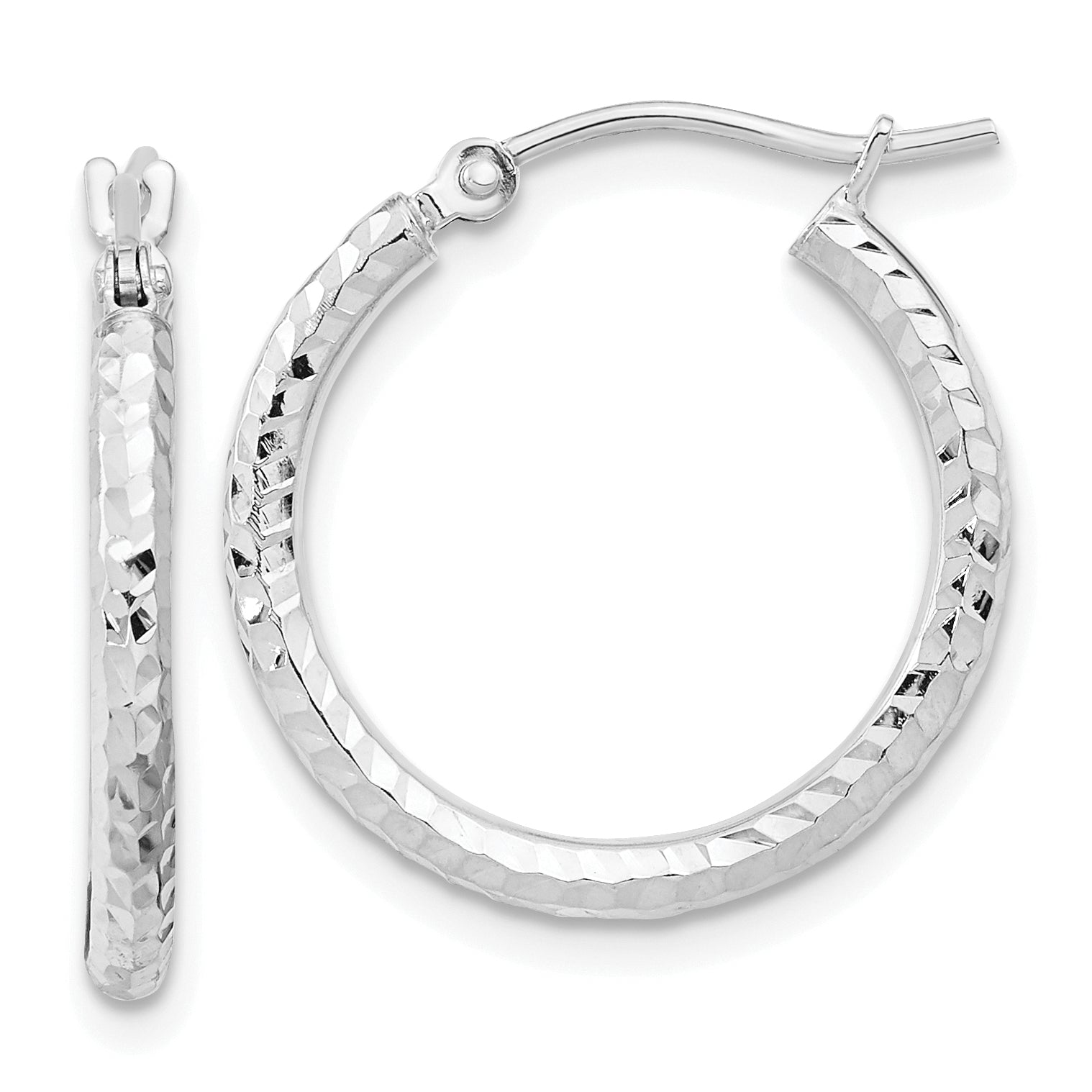 10k White Gold Diamond-cut 2mm Round Tube Hoop Earrings