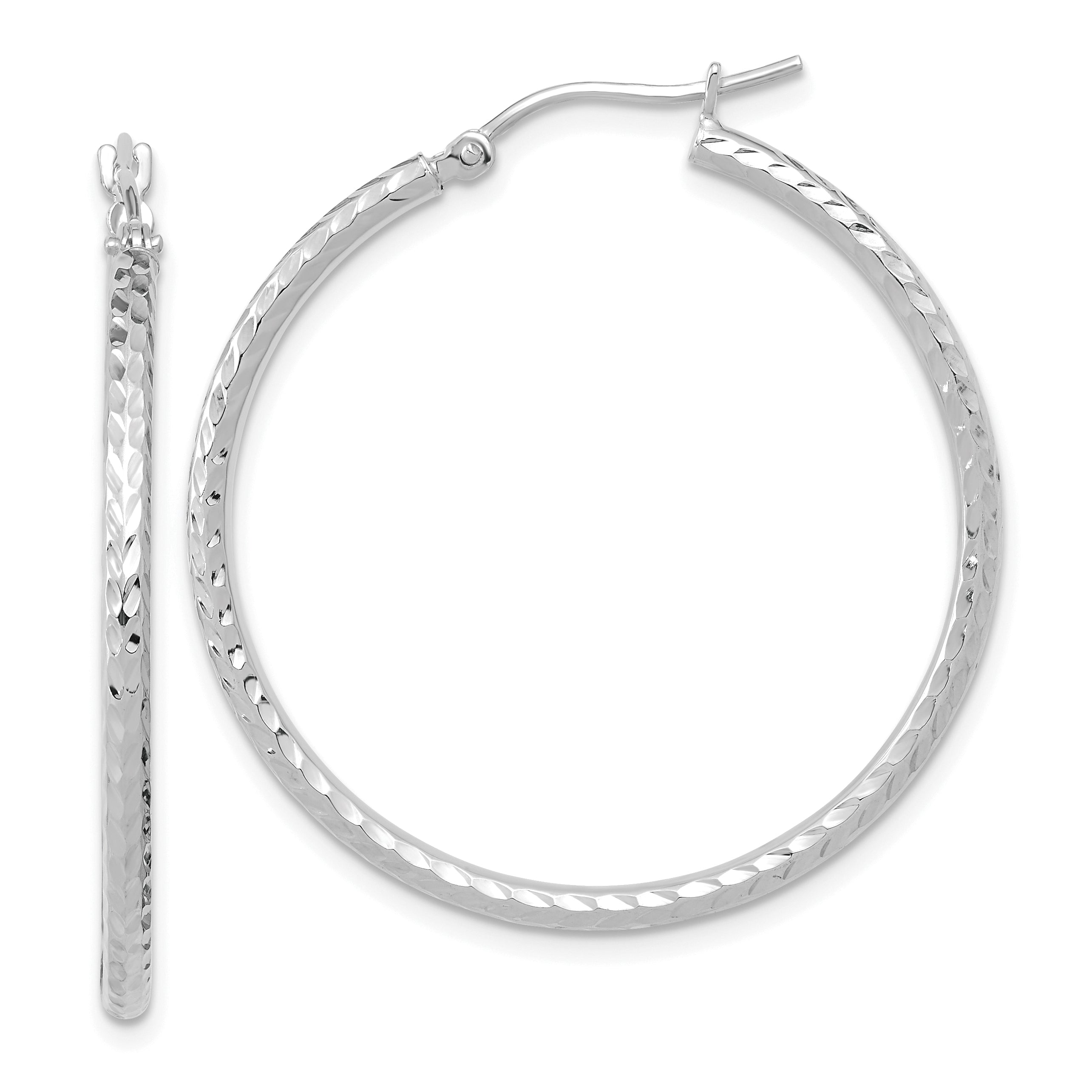 10k White Gold Diamond-cut 2mm Round Tube Hoop Earrings