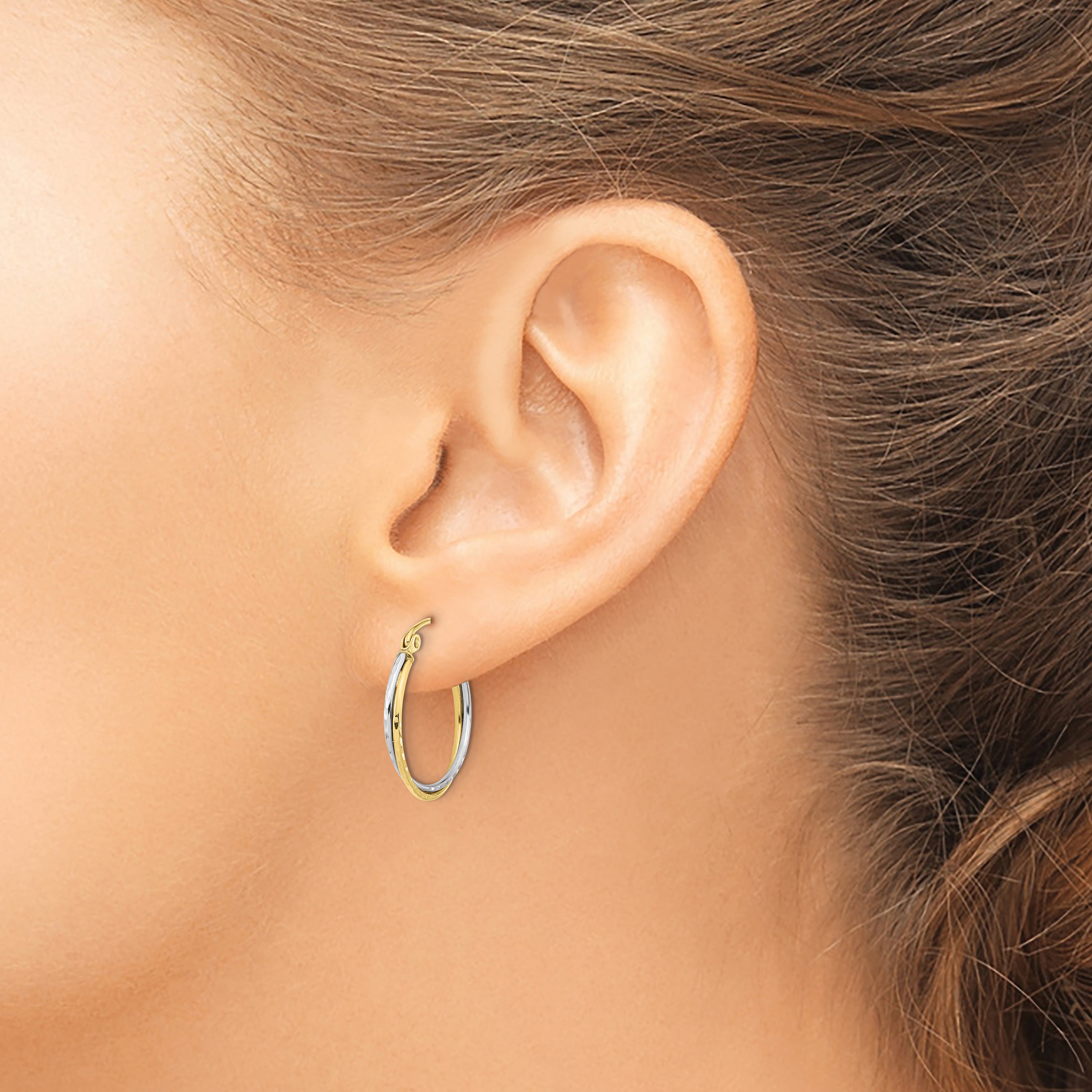 10k Two-tone Diamond Cut Twisted Hoop Earrings