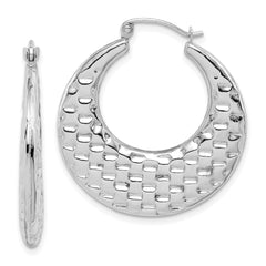 10k White Gold Polished Textured Hoop Earrings