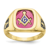 10k Men's Polished and Textured with Black Enamel and Lab Created Ruby Masonic Ring