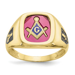 10k Men's Polished and Textured with Black Enamel and Lab Created Ruby Masonic Ring