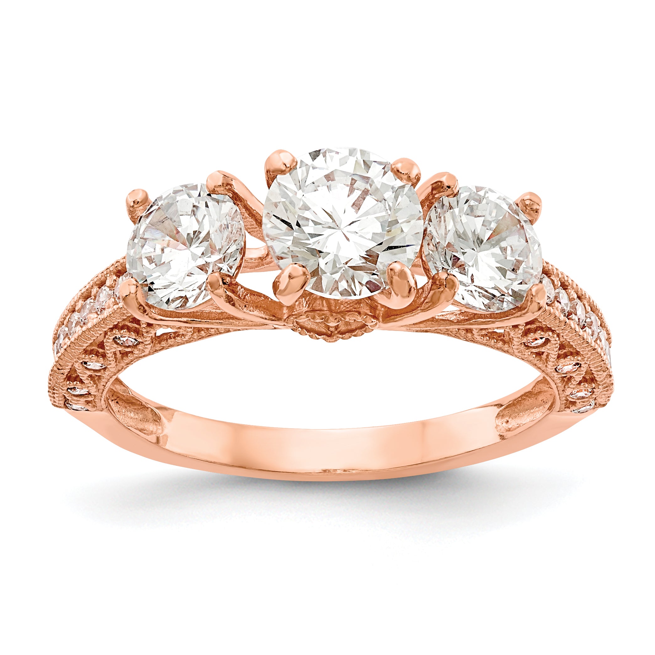 10K Tiara Collection Rose Gold Polished 3 Stone CZ Ring